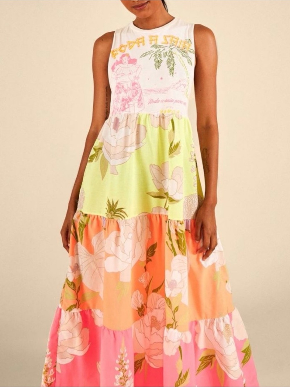 RARE- FARM Rio “Roda a Saia” Neon tiered Maxi dress featuring graphic tank